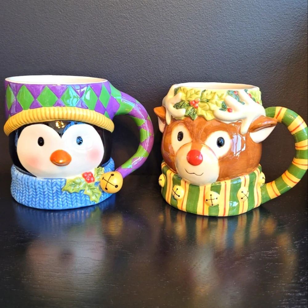 Susan Winget Rudolph Reindeer Penguin “Tis The Season“ 2 x 20oz Christmas  mugs